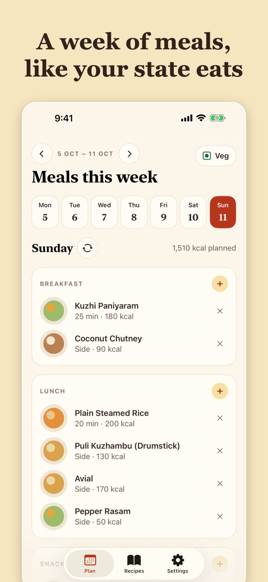 NutriPatra weekly plan showing Sunday's breakfast and lunch with sides