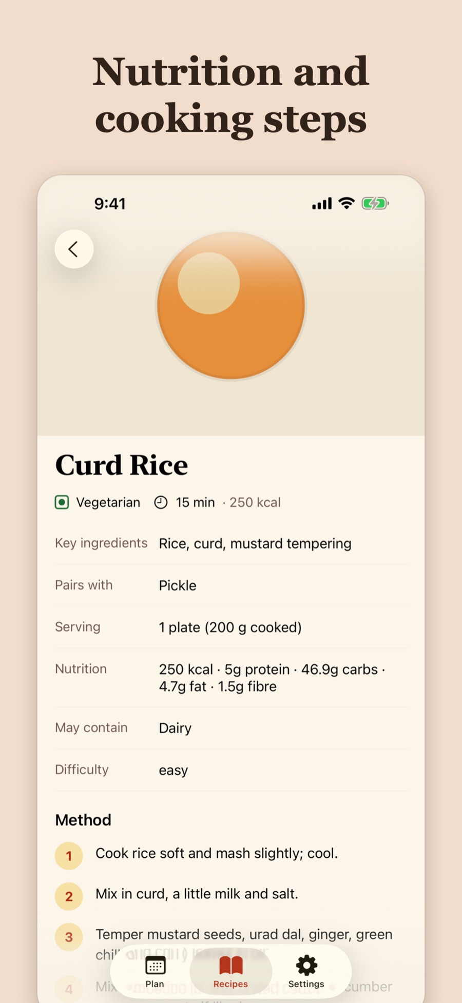 Recipe detail with method and nutrition