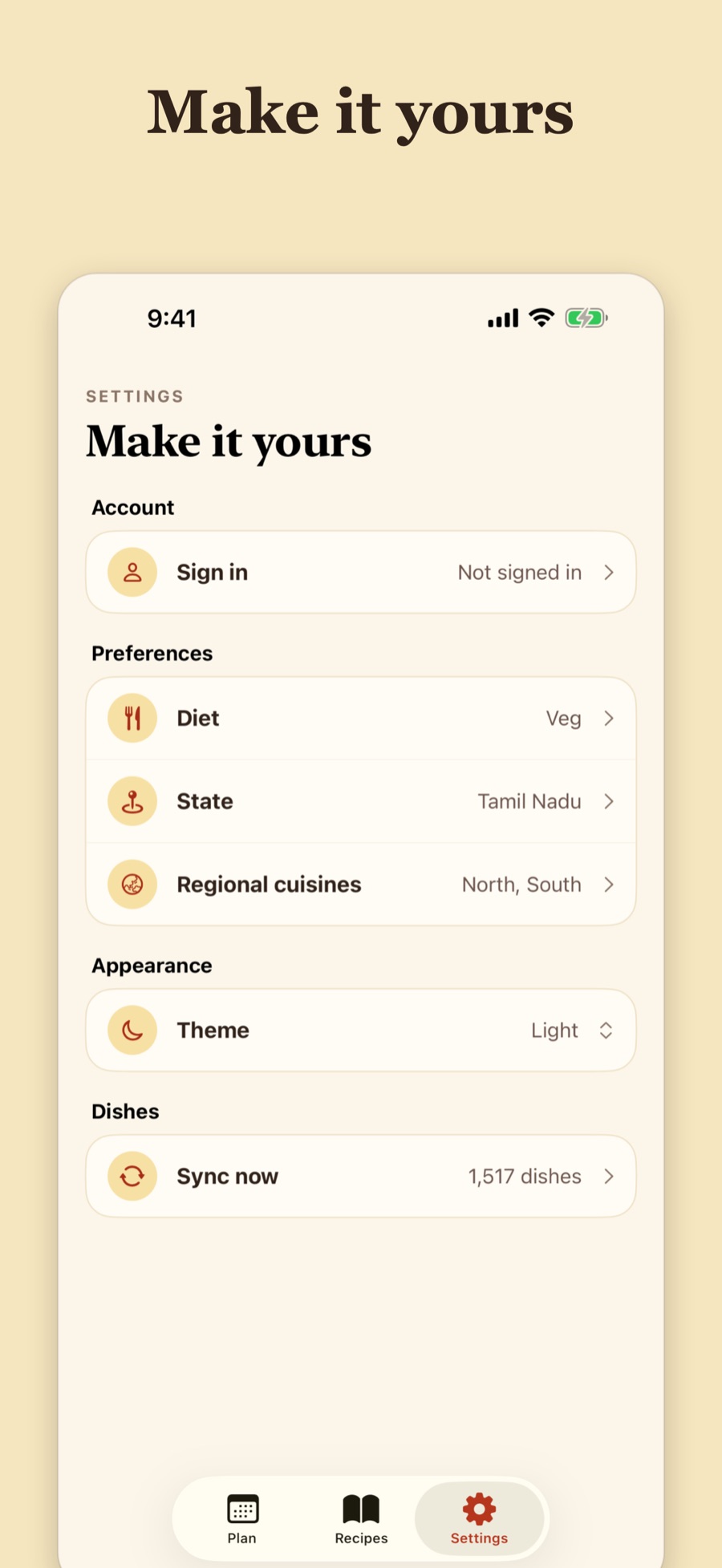 Settings: diet, state and theme